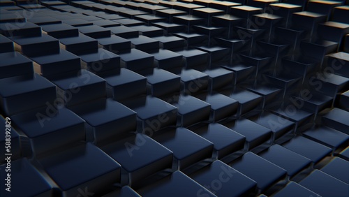 Steel shiny blue cubes, abstract symmetrical background. 3d render