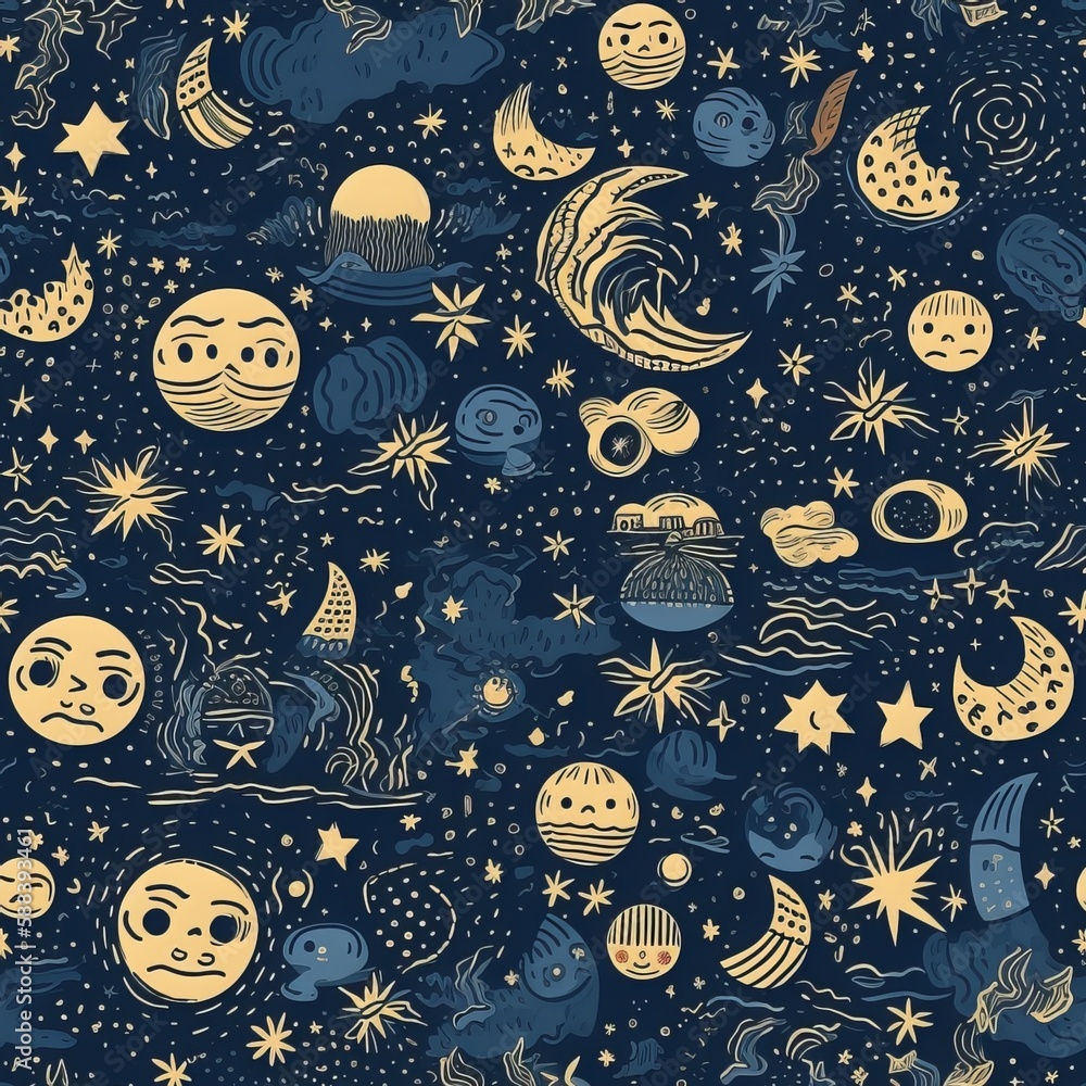 Seamless Smiling Moon Texture with Planets and Stars Seamless Smiling Moon Texture with Planets and Stars