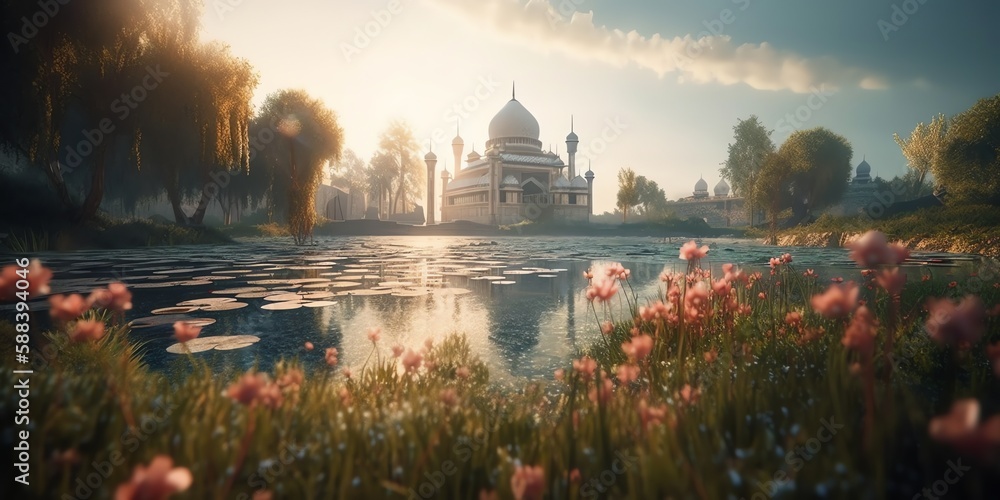 Obraz premium mosque full object perspective photo generate AI, for ramadhan kareem, eid al fitr, eid adha, islamic event