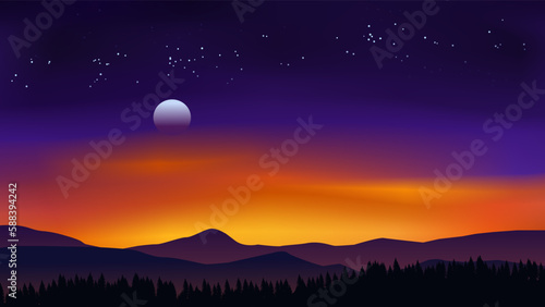 Mountain night or sunset illustration. Vibrant colorful sky over mountain range with moonrise and stars