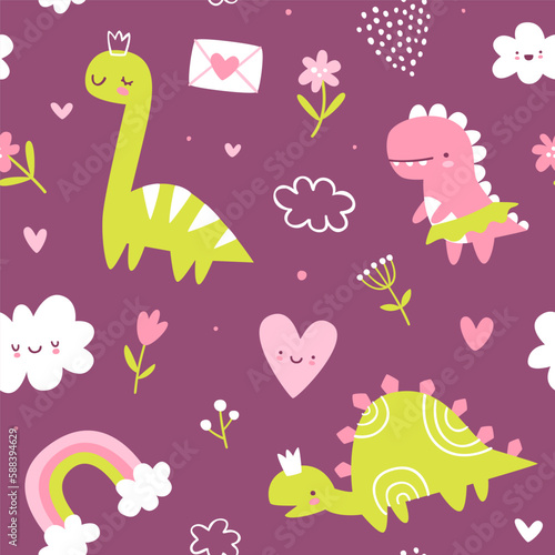 Cute pattern with dino princess. Seamless girly print with cute dinosaurs for baby girls textile.