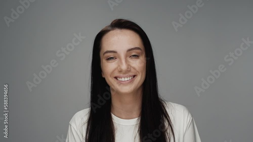 Portraits of People Looking at Camera on Grey Background Close up. Modern Concept of Mixed Races or Multiethnic Diversity of Women Together. Ethnicity of Afro Female with Little Girl and Older Human photo