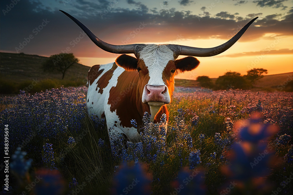 Texas Longhorn cow in a field of bluebonnets at sunset, texas iconic landscape, generative AI - obrazy, fototapety, plakaty 