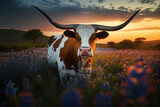 Texas Longhorn cow in a field of bluebonnets at sunset, texas iconic landscape