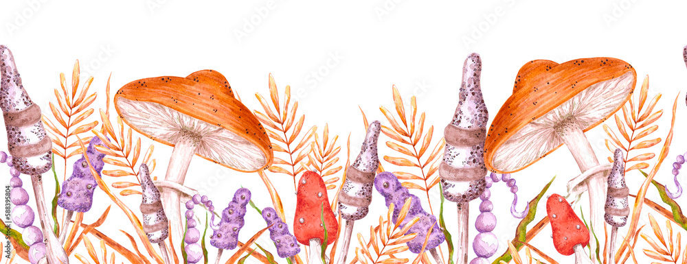 Naklejka premium Watercolor magical mushrooms composition seamless boarder. Isolated on white background. Scrapbook, textile, fabric.