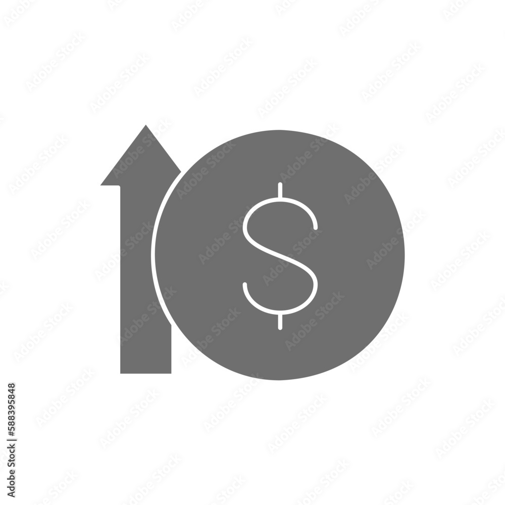Coin with up arrow, money interest rate increase grey fill icon. Finance, payment, invest finance symbol design. Coin with up arrow, money interest rate increase grey fill icon. Finance, payment, invest finance symbol design.