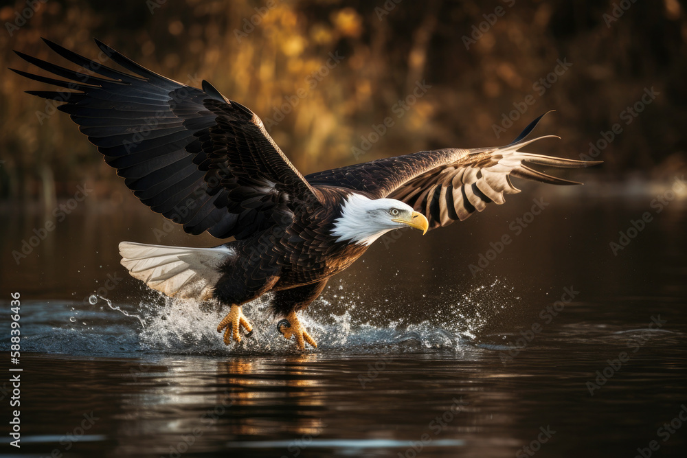 Fototapeta premium Bald Eagle Flying and Hunting Over Water, high quality generative ai