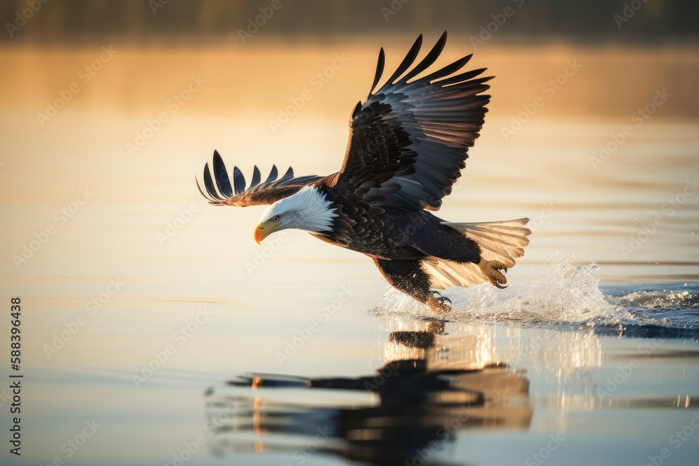 Obraz premium Bald Eagle Flying and Hunting Over Water, high quality generative ai