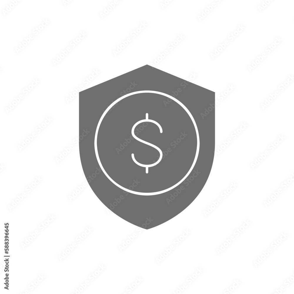 Protection money, shield with coin, money safety , insurance grey fill icon. Finance, payment, invest finance symbol design.