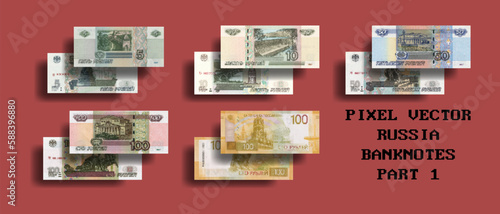 Vector set of pixelated mosaic banknotes of the Russian Federation. Bills in denominations of 5, 10, 50 and 100 rubles. Part one.