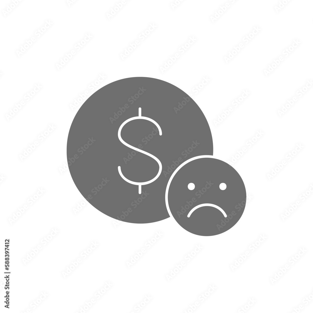Coin with sad face, bankruptcy, dislike, negative feedback grey fill icon. Finance, payment, invest finance symbol design. Coin with sad face, bankruptcy, dislike, negative feedback grey fill icon. Finance, payment, invest finance symbol design.