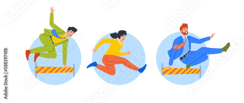 Business People Competing In Race With Obstacles Isolated Round Icons or Avatars. Characters Partaking in Challenge