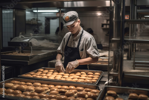young man preparing hamburgers in a fast food chain, bakery, hamburger restaurant, generative ai