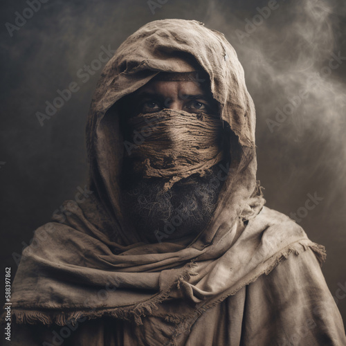 A dirty man wearing sackcloth and ashes. Generative AI