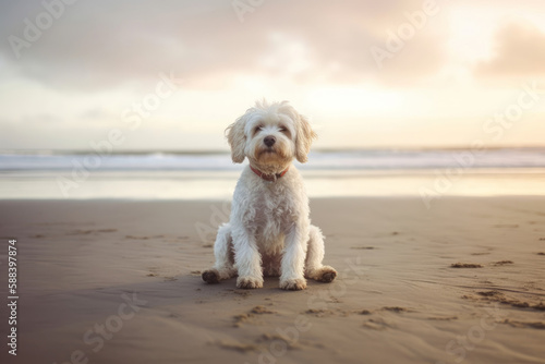 Dog sitting in front of the ocean at sunset looking directly at the camera. Ai generated © Mandy