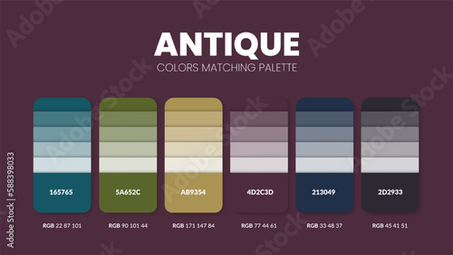 Antique color palettes or color schemes are trends combinations and palette guides this year, table color shades in RGB or HEX. Color swatch for a tropical summer fashion, home, or interior design.