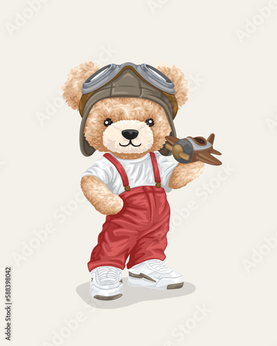 Vector illustration of cute teddy bear with pilot helmet holding airplane toy