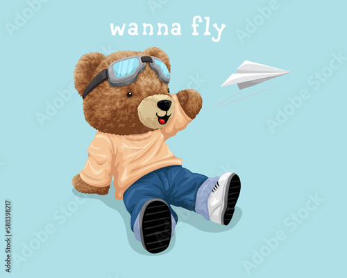 Vector illustration of cute teddy bear wearing pilot goggles with paper plane