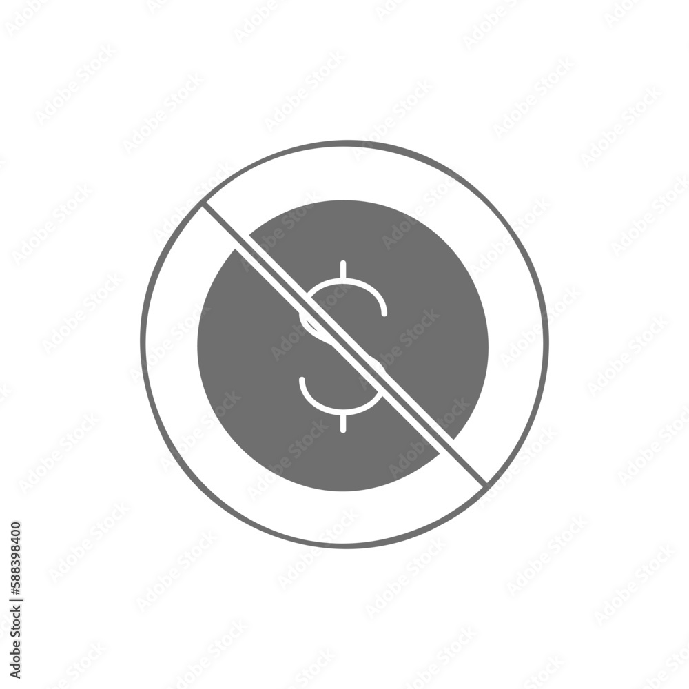 Coin with prohibition sign, no money, coin rejection grey fill icon. Finance, payment, invest finance symbol design. Coin with prohibition sign, no money, coin rejection grey fill icon. Finance, payment, invest finance symbol design.