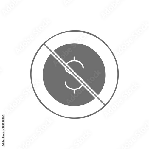 Coin with prohibition sign, no money, coin rejection grey fill icon. Finance, payment, invest finance symbol design.