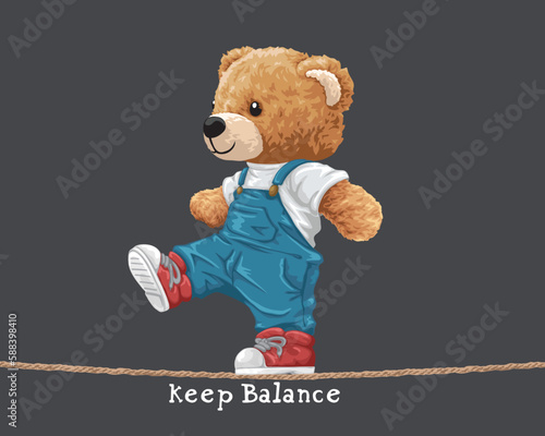 Vector illustration of cute teddy bear walking on tightrope