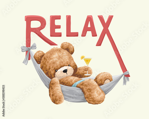 Vector illustration of cute teddy bear holding cocktail glass in hummock