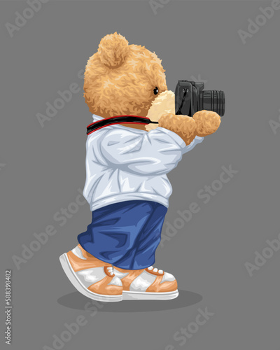 Vector illustration of cute teddy bear holding camera