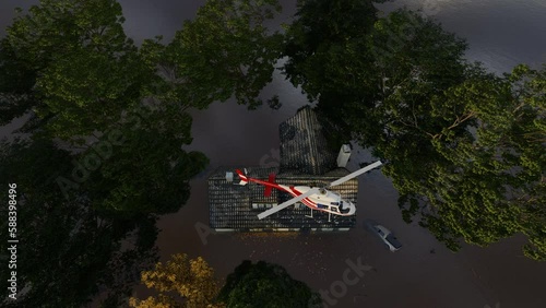 Helicopter to the rescue in a flooded community, house, and car half sunk, 4K