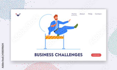 Business Challenges Landing Page Template. Fit And Focused Man Races, Jumps And Leaps Over Obstacles In His Path