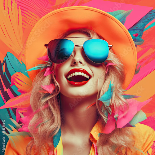 Young beautiful woman wearing huge sunglasses. Fashion summer collage. Generative AI