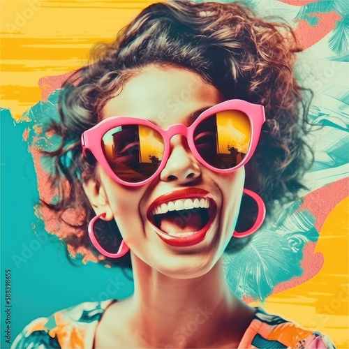 Young optimistic emotional smiling latina woman with pink sunglasses. Fashion summer collage . Generative AI