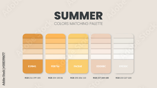 Color palette in a Summer colour theme collections. Color scheme or colors chart template. Color combination set of RGB, HSL and HEX codes. Color swatch for art, fashion, home design, or web. Vector.