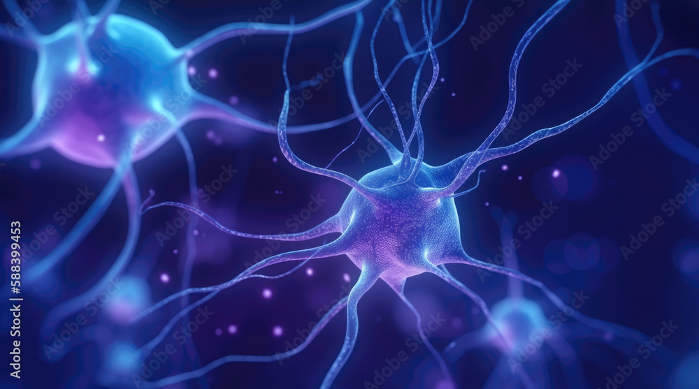 Conceptual illustration of neuron cells with glowing link knots. Blue green Neurons in brain on with focus effect. Synapse and Neuron cells sending electrical chemical signals. Generative ai
Conceptual illustration of neuron cells with glowing link knots. Blue green Neurons in brain on with focus effect. Synapse and Neuron cells sending electrical chemical signals. Generative ai