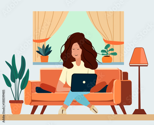 Female professional working from her home office, seated at her desk, engaged in an online conversation with coworkers while focusing on her computer screen. Home office concept. Vector.