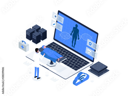 Robots aid doctors in data analysis, improving accuracy and efficiency in healthcare: patient in a hospital: artificial intelligence in healthcare isometric illustration