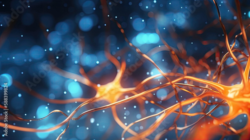 Conceptual illustration of neuron cells with glowing link knots. Blue green Neurons in brain on with focus effect. Synapse and Neuron cells sending electrical chemical signals. Generative ai 