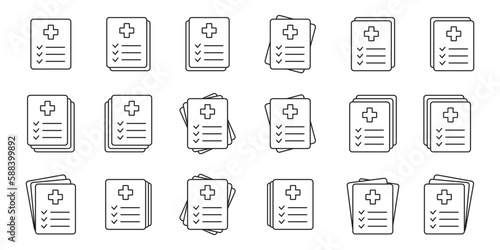 Medical record icon, medical report icon, medical history thin line icon, vector isolated.