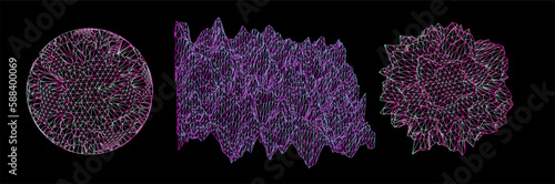 Set of 3D glitched planes made of mesh. Generative art plots for data visualization and analysis subjects. 
