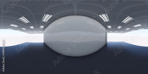 Fototapeta Naklejka Na Ścianę i Meble -  3d gallery room illustration spherical 360 vr degrees, white wall and blue floor,a seamless panorama of the room and interior design for business room  (3D rendering)
