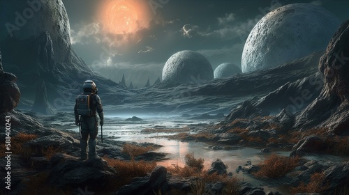 An astronaut standing on the surface of a distant exoplanet, with an alien landscape of strange plants and rock formations stretching out in every direction Generative AI