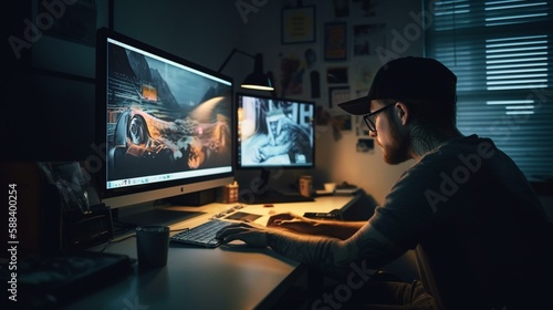 A graphic designer working on his computer with creative artwork and design displayed on the screen Generative AI © Maksym