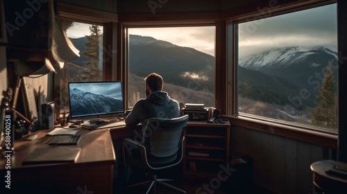 A man sitting at his desk in front of a window, working on a computer with a beautiful natural landscape view Generative AI © Maksym