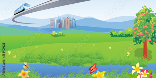 A view of the monorail train passing from a city that is seen in the distance, above the hills and the river. Vector illustration.