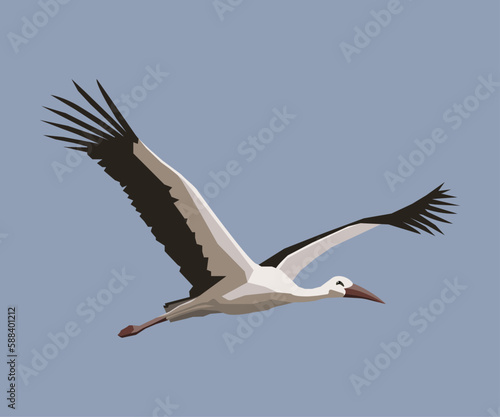 Vector image of a stylized white stork in flight on a blue background.