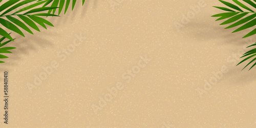 Sand Beach Texture Background with Palm Leaf and Shadow,Vector illustration Flat Lay Top View Tropical Summer beach,Coconut leaves on brown sandy with copy space,Holiday Summer backdrop background