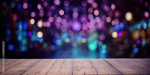 Empty wooden table and blue purple neon night club party blur background by ai generative 