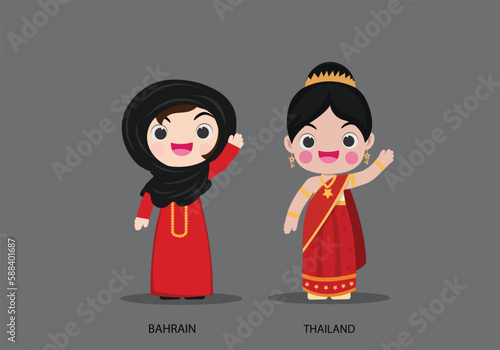 Bahrain and Thailand in national dress vector illustrationa