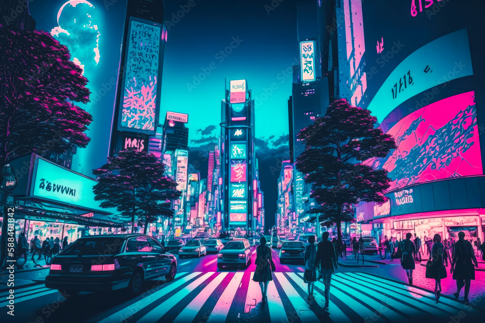 Poster, Print Shibuya crossing in Tokyo, neon night city colors, illustration, 40x26.7 cm Poster, Print Shibuya crossing in Tokyo, neon night city colors, illustration, 40x26.7 cm