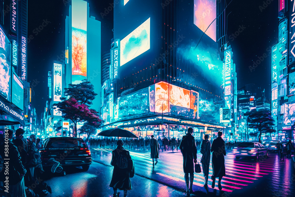 Shibuya crossing in Tokyo, neon night city colors, illustration. Generative AI