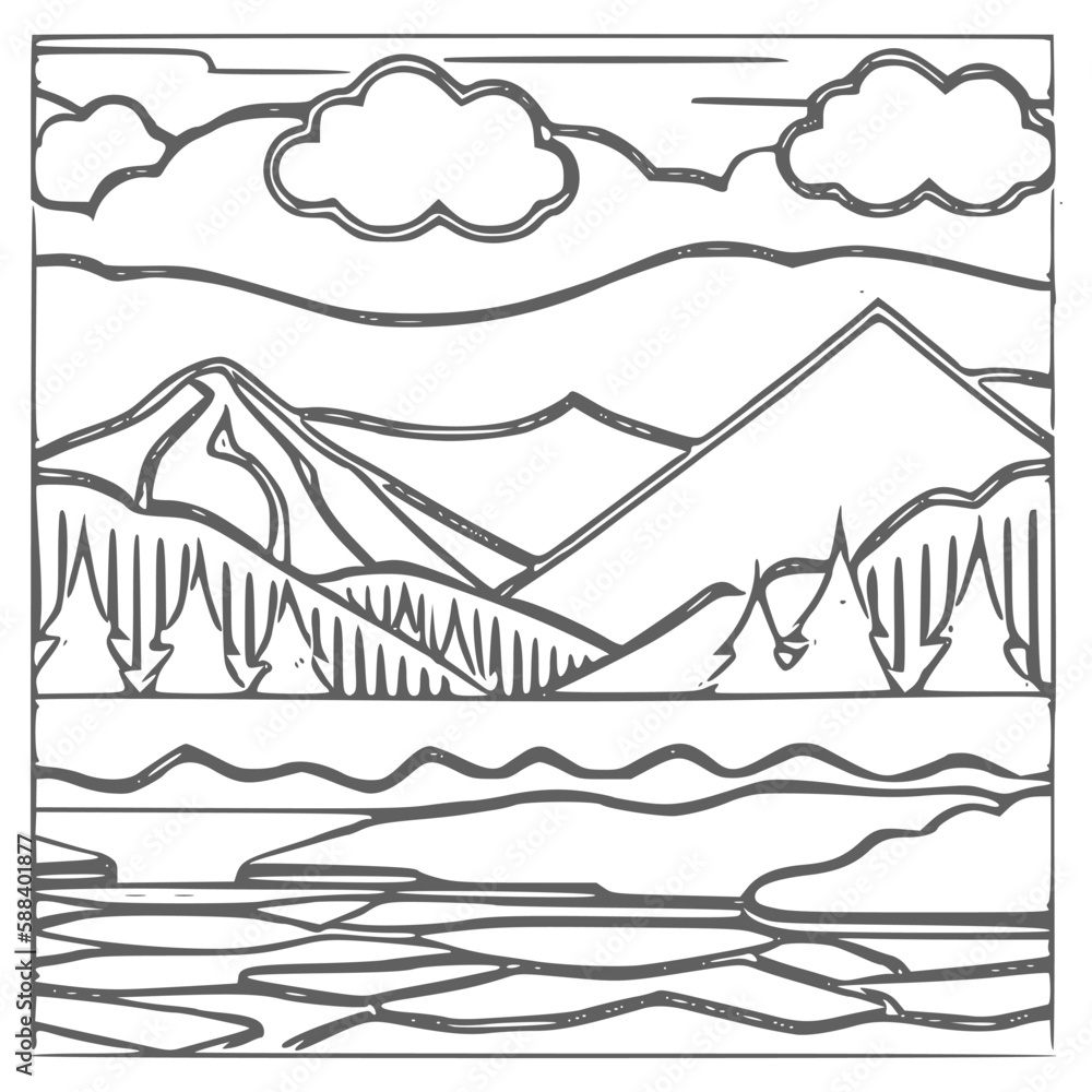 Nice Mountain, river and Sky landscape coloring Book. Vector illustration.
